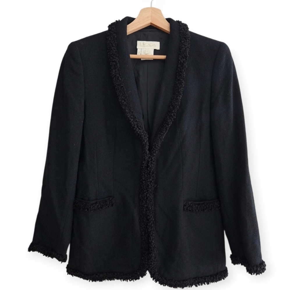 Vintage 80s Escada Wool Longline Blazer Button Front Plush Trim Black 38 (8 US)
